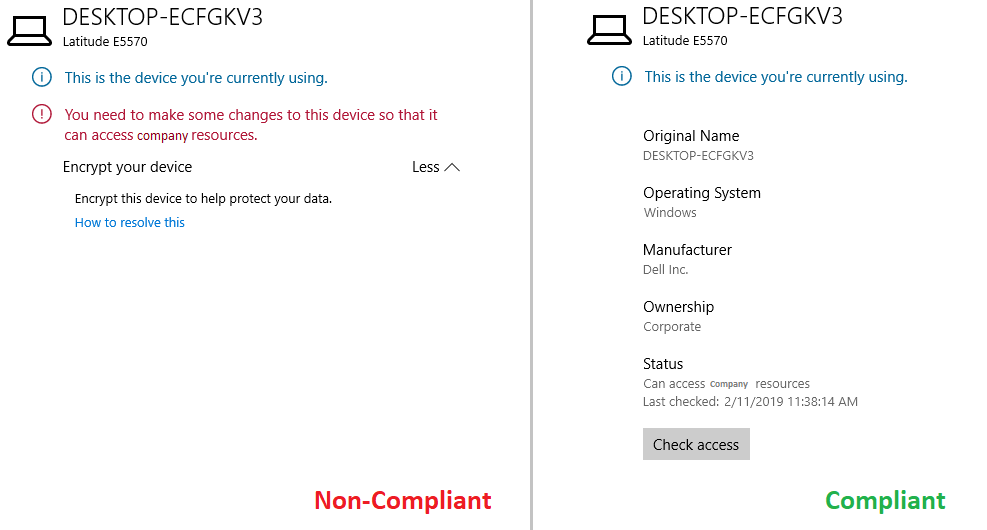 Figure 1. Message when accessing data on a Non-Compliant Windows 10 device left and on a compliant Windows 10 device right